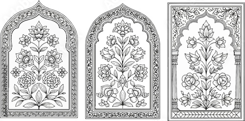 Ornate floral motifs framed within arched architectural elements in a decorative, stylized manner