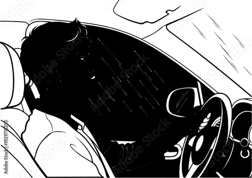 A person drives a car with rain streaks on the windshield