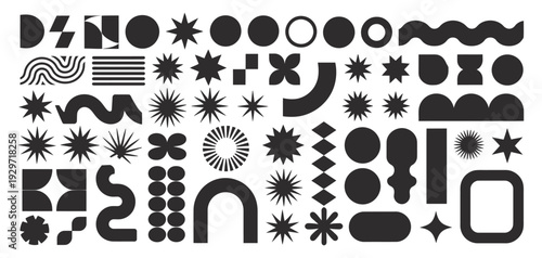 abstract retro shapes collection, basic brutal forms and geometric figures, y2k aesthetics vintage stickers, modern logos and labels, futuristic nostalgic decorative vector graphic elements bundle.