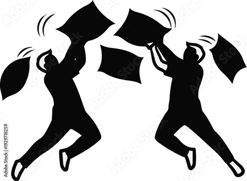 Two silhouettes energetically engage in a lively pillow fight, flinging pillows