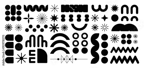 abstract retro shapes collection, basic brutal forms and geometric figures, y2k aesthetics vintage stickers, modern logos and labels, futuristic nostalgic decorative vector graphic elements bundle.