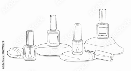 Four glass bottles of nail polish are displayed on textured, pebble-like surfaces