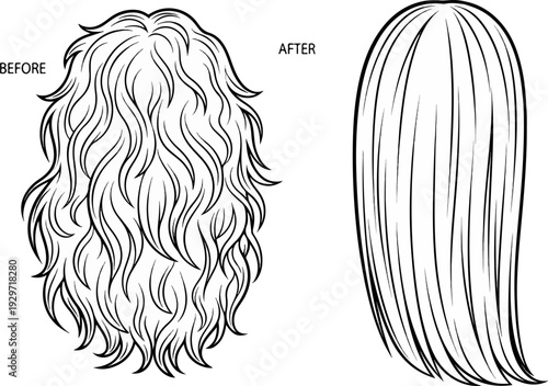 Two drawings of hair styles, one wavy, one straight, labeled before and after
