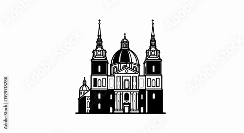 Stylized black and white illustration of a grand building with domes and spires