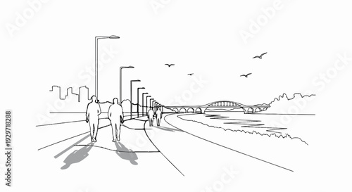 A scenic pathway with people, streetlights, a bridge, and birds