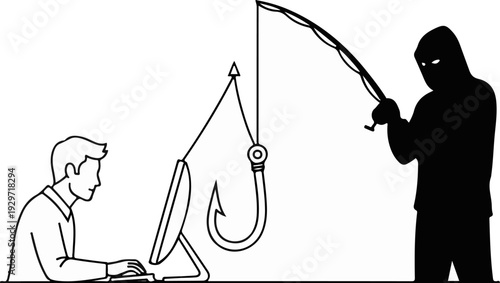 A shadowy figure fishes a person using a computer with a large hook