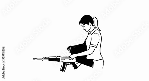 Person in profile assembling a rifle on a white background