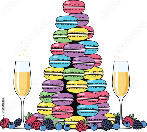 Tower of delicious French macarons dessert with fresh berries and two glasses of champagne next to it