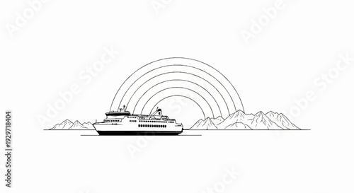 A black and white line drawing depicts a ferry sailing past mountains under a series of arches