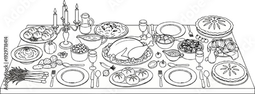 A detailed drawing of a bountiful holiday feast laid out on a table