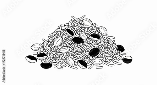 A pile of dry noodles mixed with black and white beans