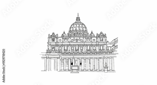 Ornate classical dome and facade with colonnades and statues, detailed line drawing