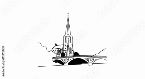 A sketch of a church with a spire and clock, adjacent to a stone bridge over water