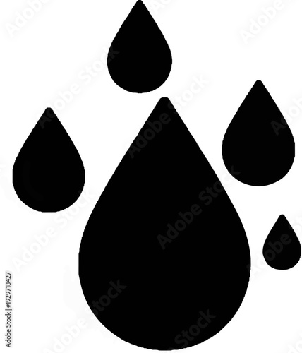 Five black teardrop shapes of varying sizes are scattered against a white background