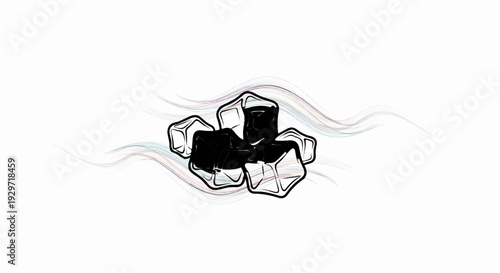 Pile of dark ice cubes with faint colorful wavy lines on white background
