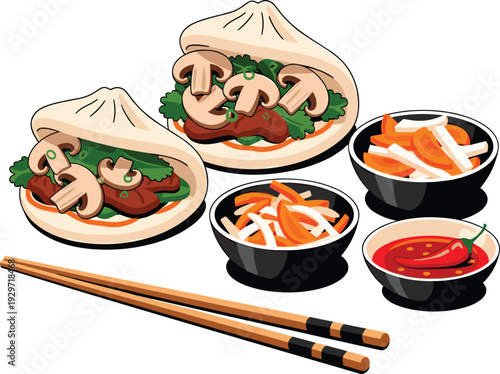 Asian steamed buns with mushrooms and salad served with spicy sauce and pickles on transparent background