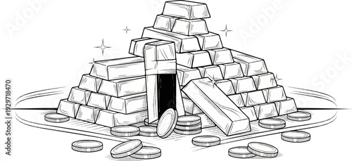 A treasure trove of gold bars and coins stacked high, with a secret entrance