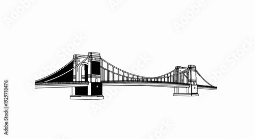 A black and white line drawing of a large suspension bridge with cables and towers