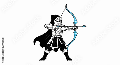 A hooded figure draws a bow with a blue arrow, ready to shoot