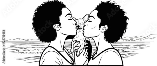 Two individuals share a tender kiss with a small dog, against a scenic background