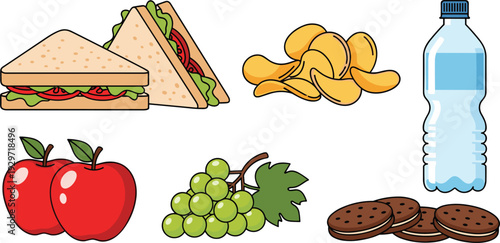 Assorted picnic food and drink with sandwich chips apples grapes and cookies on transparent background
