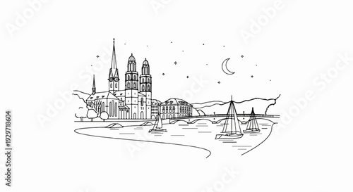 City skyline with cathedral, river, bridge, sailboats, crescent moon, and stars