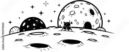 Whimsical moonscape with a lunar module and celestial bodies