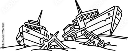 Two ships wrecked on a sandy shore with debris