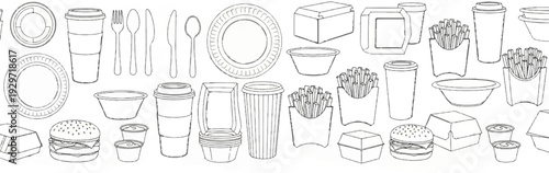 A collection of fast food items including burgers, fries, and drinks, rendered in a sketch style