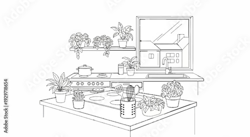 A clean line drawing depicts a kitchen counter with plants, a stove, sink, and window with a view