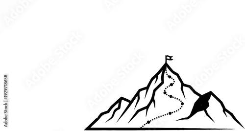 Black and white sketch of a jagged mountain peak with a dotted path to the summit flag