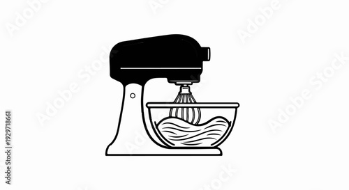 Black and white illustration of a stand mixer with whisk in bowl of batter