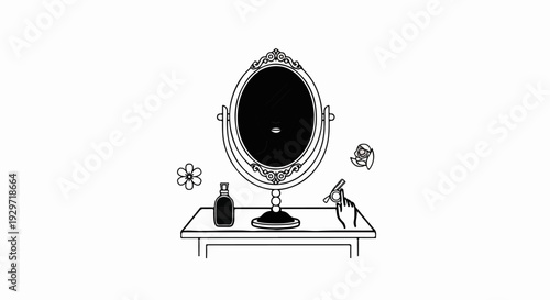 Vintage vanity scene with ornate mirror, perfume bottle, razor, and flowers