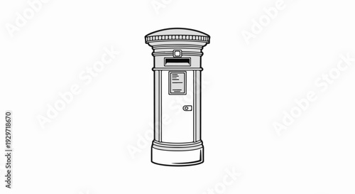 A detailed line drawing of a traditional cylindrical red postbox with a slot and door