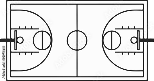 Top-down view of a sports court with circular markings and vertical lines