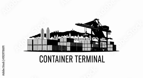 Industrial skyline with shipping containers, gantry crane, and city buildings