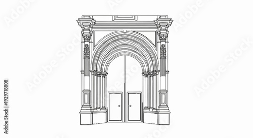 Ornate arched doorway with columns and double doors, a sketch