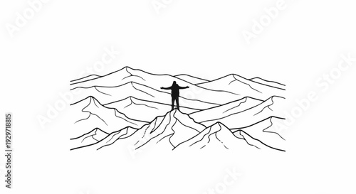 Silhouette of person arms outstretched atop a mountain peak, surrounded by peaks