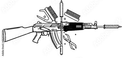 Diagram of a firearm with cleaning tools including brushes and a ramrod