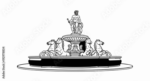 A monumental fountain features a central statue of a figure above a basin supported by horses