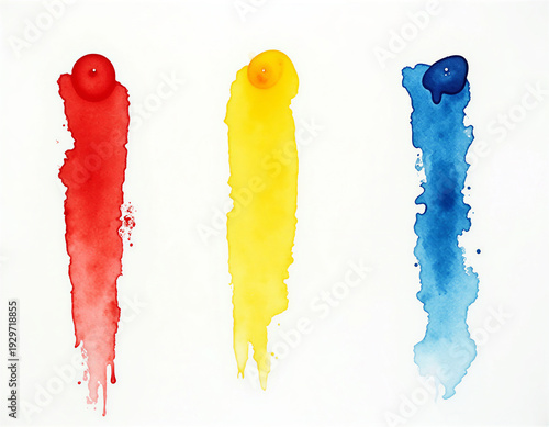 Hand-painted watercolor primary color swatches with wobbly brush strokes, bleeding edges on white paper. Overhead scan with underwater caustic light ripples, authentic imperfect artistic texture