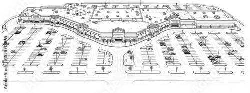 Aerial sketch of a large retail complex with a vast parking lot filled with vehicles
