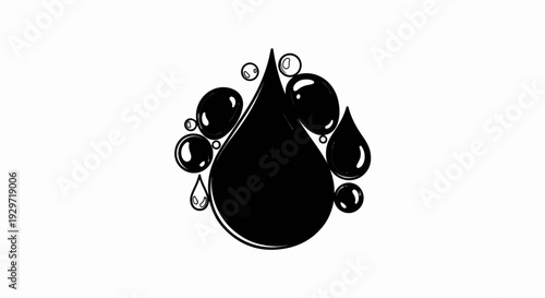 A large black drop with smaller droplets and circles surrounding it