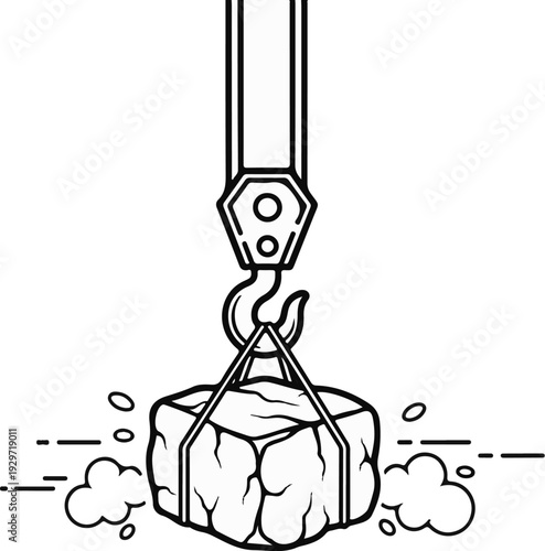 A heavy block is lifted by a crane hook with straps, creating dust clouds