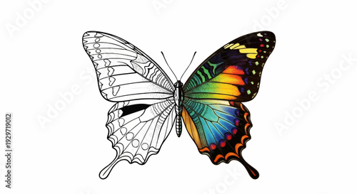 A butterfly with one wing sketched and the other vibrantly colored in a rainbow gradient