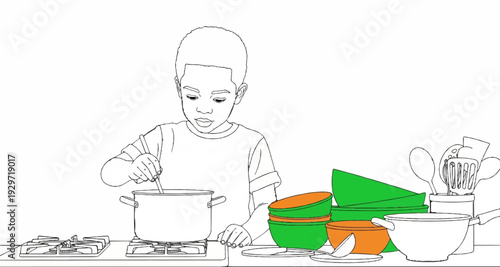 Young child stirring a pot on a stove, surrounded by kitchenware and colorful bowls