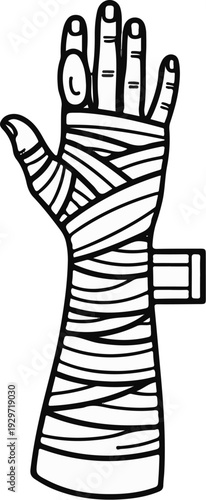 Line art of a human hand and forearm heavily wrapped with bandages, with a cuff on the wrist