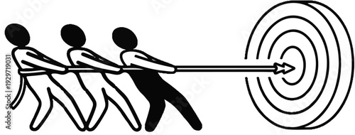Team pulls rope towards target with arrow, depicting collective effort and achievement