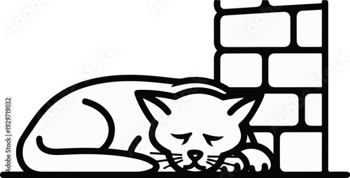 A sleeping cat rests against a brick wall in a simple black and white illustration