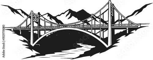 Majestic suspension bridge spans a river beneath rugged mountain peaks in a graphic illustration